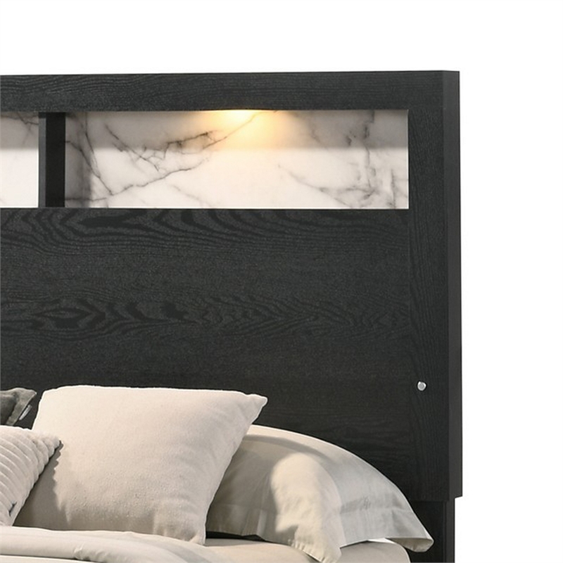 Pemberly Row King Size Bed with Wood Headboard with Lights and Shelves in Black