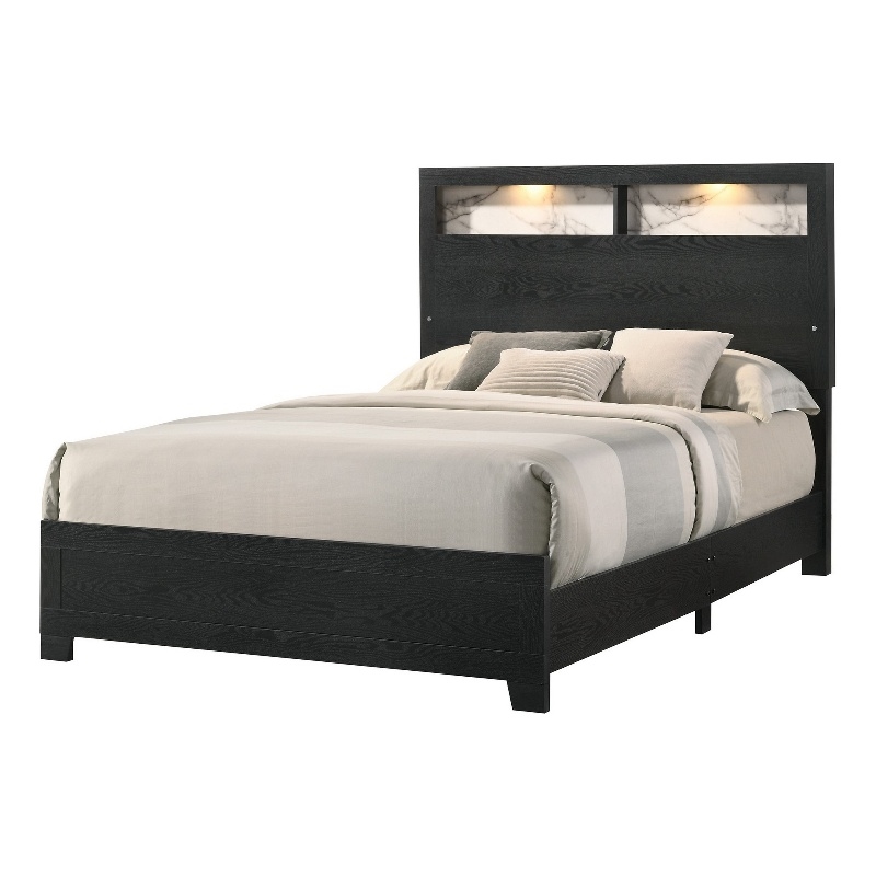 Pemberly Row Queen Size Bed with Lighted Headboard and Shelves in Black