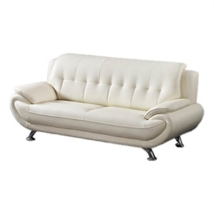 Pemberly Row 82&quot Sofa with Tufted Ivory Faux Leather Upholstery in Chrome & Wood