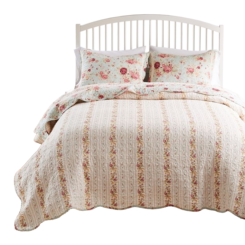 Pemberly Row 3Pc King Bedspread Set w/ 2 Shams in Rose Print & Soft Blue Cotton