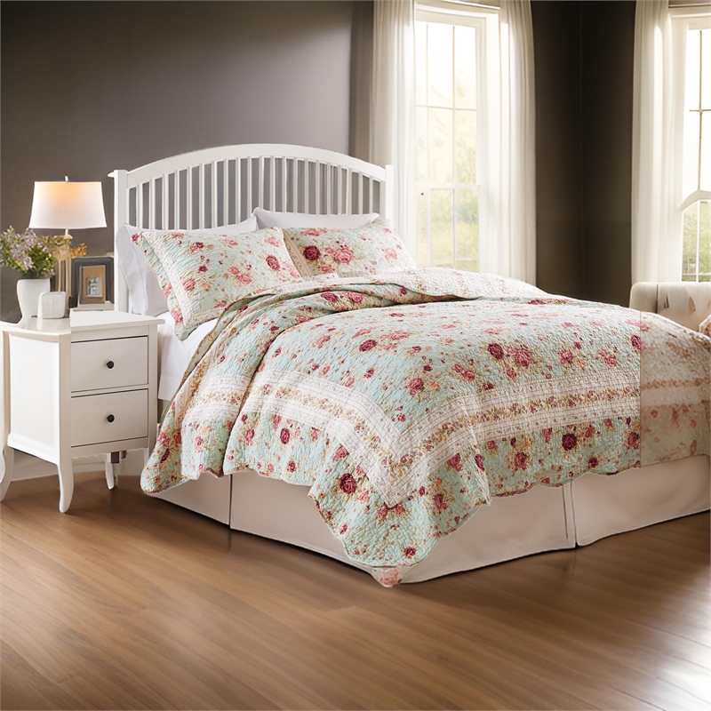 Pemberly Row 3Pc King Bedspread Set w/ 2 Shams in Rose Print & Soft Blue Cotton