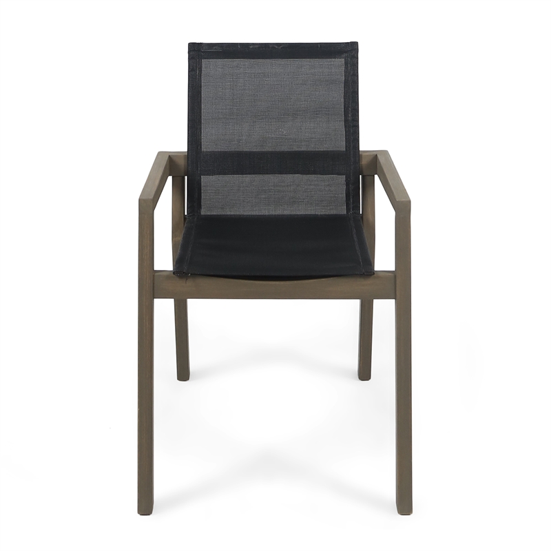 Pemberly Row Outdoor Dining Chair 2Pc in Gray Mesh with Brown Acacia Wood Frame