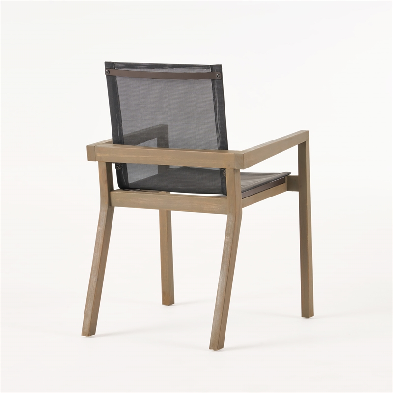 Pemberly Row Outdoor Dining Chair 2Pc in Gray Mesh with Brown Acacia Wood Frame