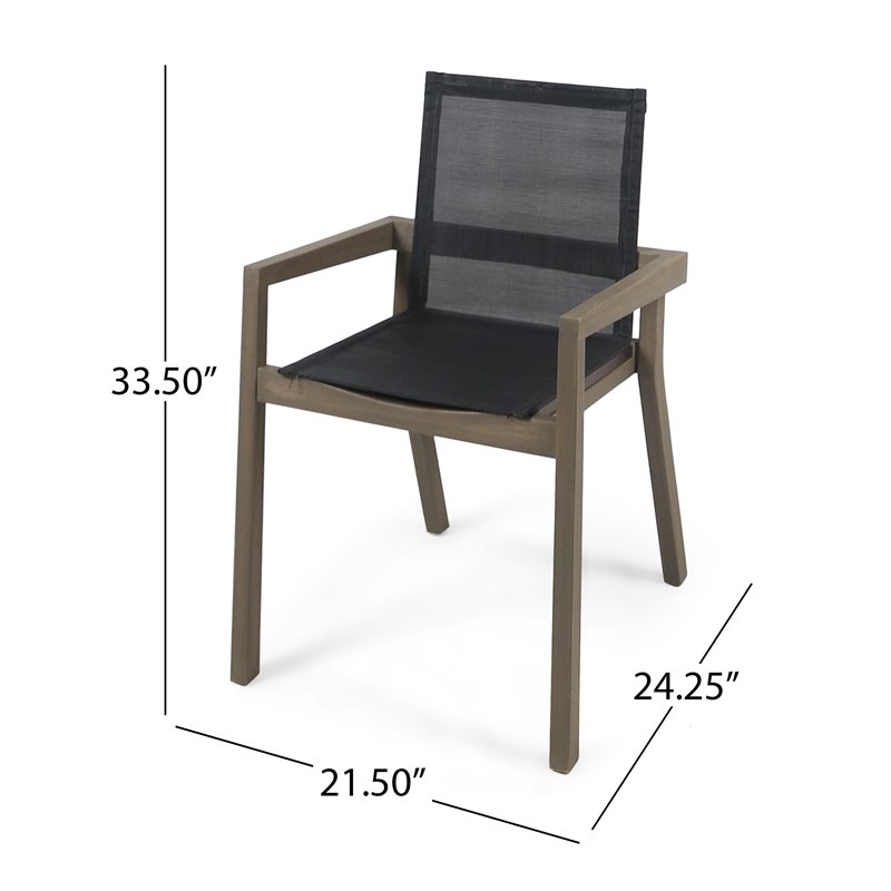 Pemberly Row Outdoor Dining Chair 2Pc in Gray Mesh with Brown Acacia Wood Frame