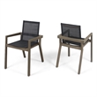 Pemberly Row Outdoor Dining Chair 2Pc in Gray Mesh with Brown Acacia Wood Frame