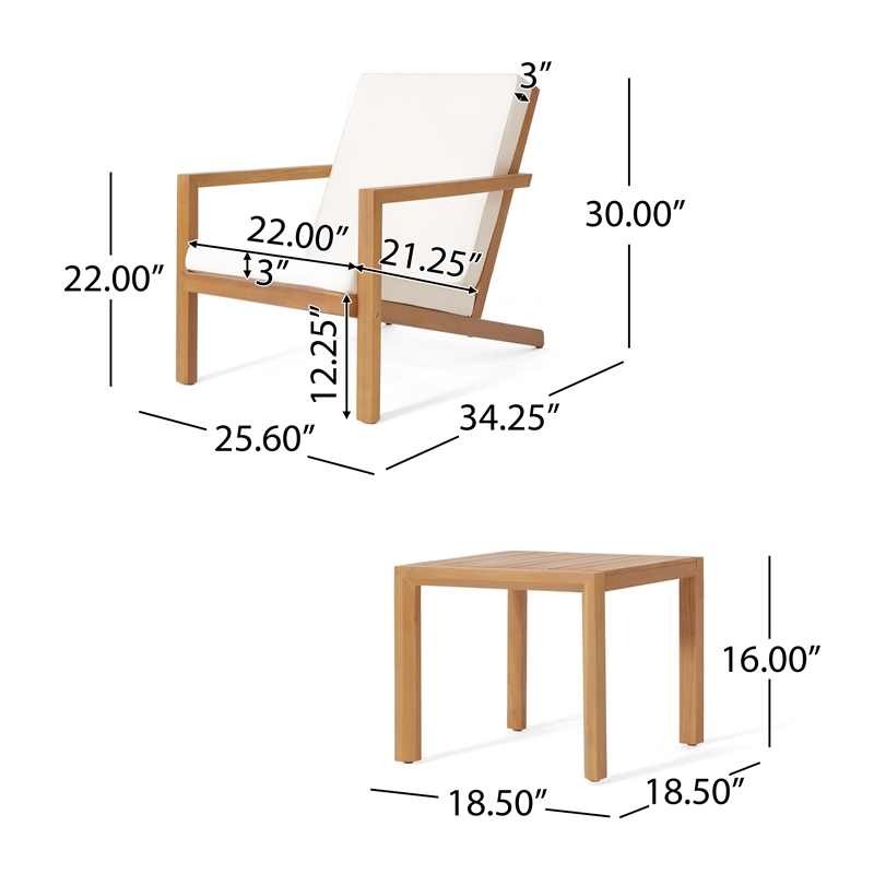 Pemberly Row 3Pc Outdoor Patio Table Set w/ 2 Chairs in Brown Acacia Wood Cream