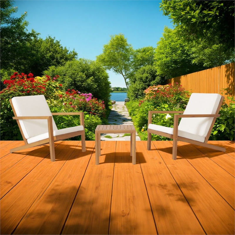 Pemberly Row 3Pc Outdoor Patio Table Set w/ 2 Chairs in Brown Acacia Wood Cream