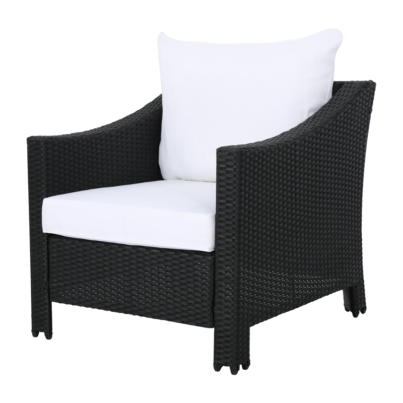 Pemberly Row Outdoor Armchair Set of 2 in White Fabric w/ Gray PE Rattan & Iron