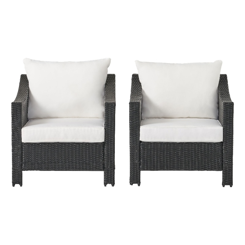 Pemberly Row Outdoor Armchair Set of 2 in White Fabric w/ Gray PE Rattan & Iron