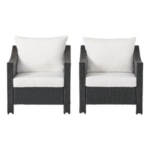 Pemberly Row Outdoor Armchair Set of 2 in White Fabric w/ Gray PE Rattan & Iron