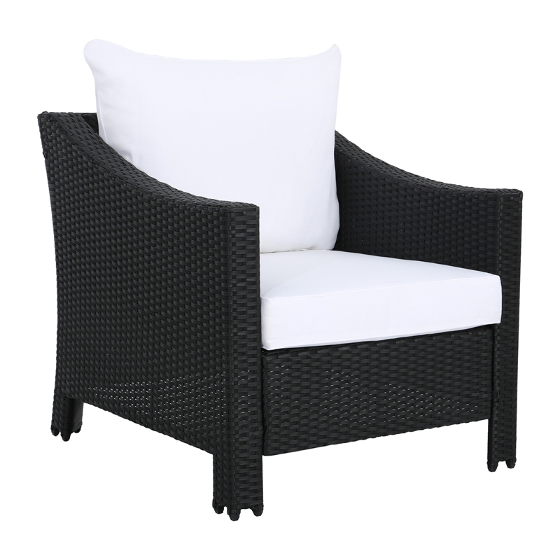Pemberly Row Outdoor Armchair Set of 2 in White Fabric w/ Gray PE Rattan & Iron