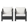 Pemberly Row Outdoor Armchair Set of 2 in White Fabric w/ Gray PE Rattan & Iron