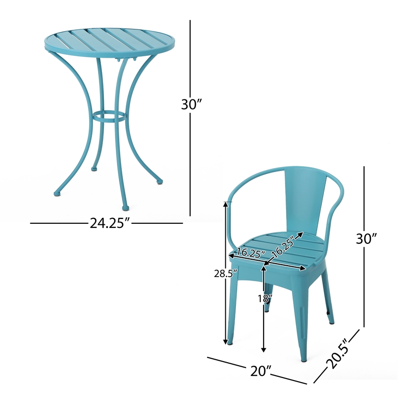 Pemberly Row 3Pc Outdoor Bistro Table Set w/ 2 Chairs in Teal Blue Slatted Iron