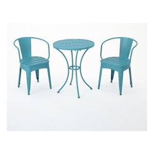 Pemberly Row 3Pc Outdoor Bistro Table Set w/ 2 Chairs in Teal Blue Slatted Iron