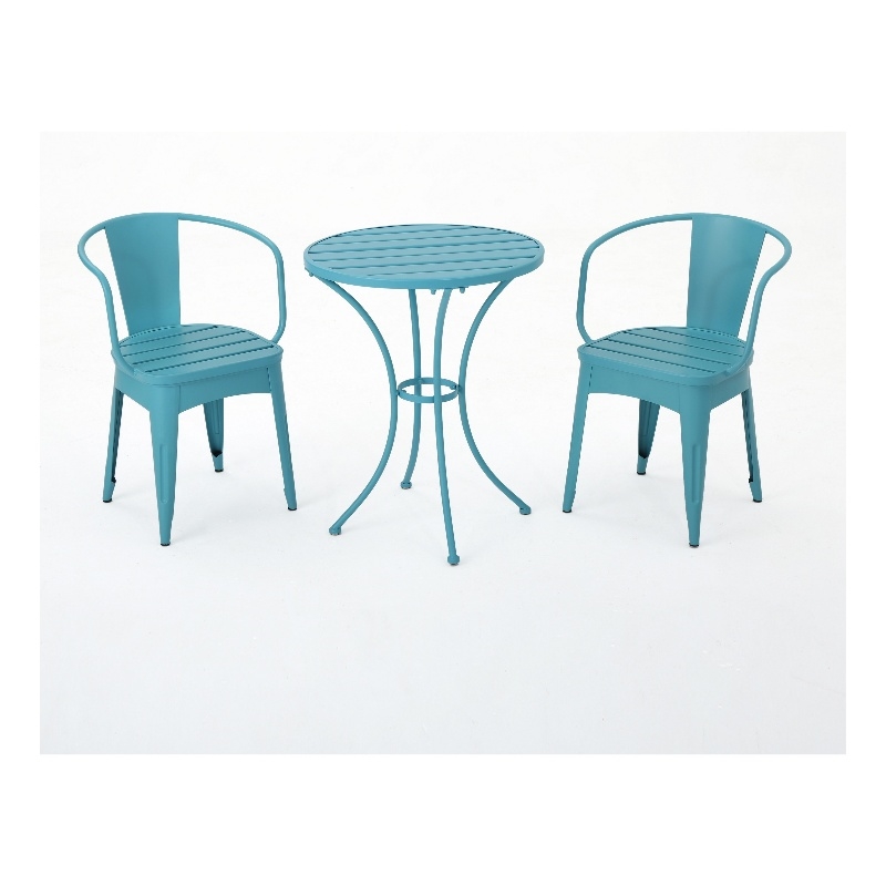 Pemberly Row 3Pc Outdoor Bistro Table Set w/ 2 Chairs in Teal Blue Slatted Iron