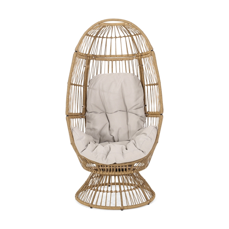 Pemberly Row Egg Shaped Outdoor Swivel Accent Chair with Cushion and Iron Frame