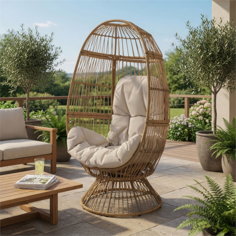 Pemberly Row Egg Shaped Outdoor Swivel Accent Chair with Cushion and Iron Frame