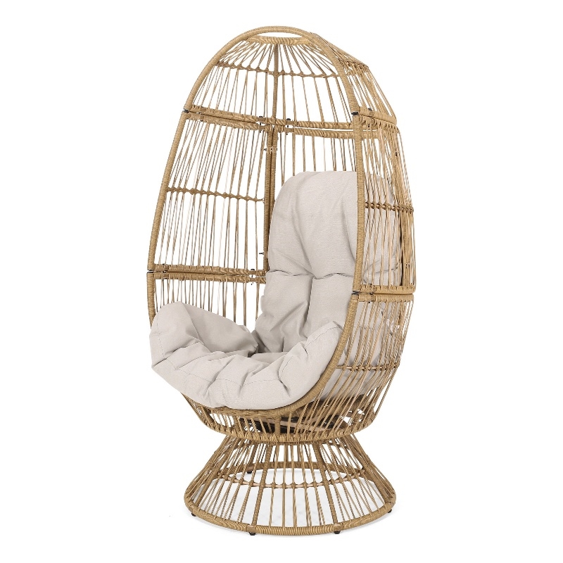 Pemberly Row Egg Shaped Outdoor Swivel Accent Chair with Cushion and Iron Frame