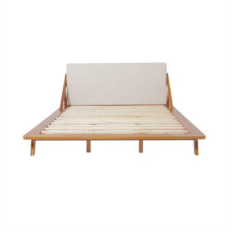 Pemberly Row Queen Platform Bed in Beige Upholstered Headboard & Acacia Wood