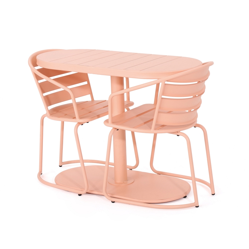 Pemberly Row 3 Pc Outdoor Bistro Set with 1 Oval Table and 2 Chairs in Pink Iron
