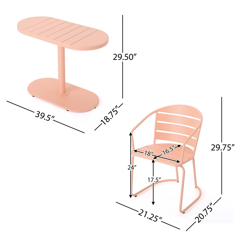 Pemberly Row 3 Pc Outdoor Bistro Set with 1 Oval Table and 2 Chairs in Pink Iron