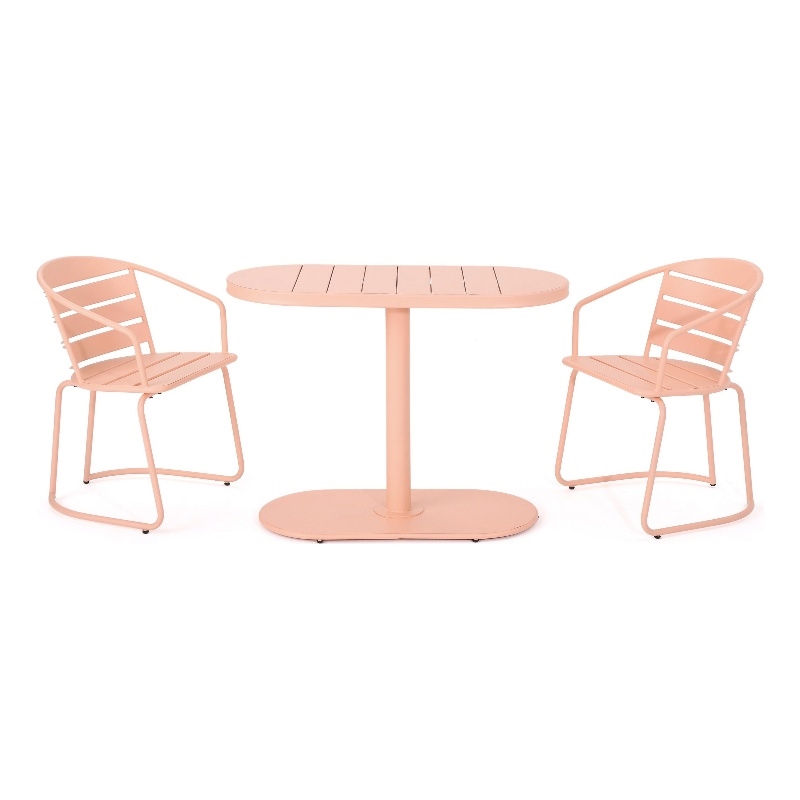 Pemberly Row 3 Pc Outdoor Bistro Set with 1 Oval Table and 2 Chairs in Pink Iron