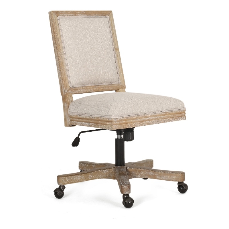 Pemberly Row Swivel Rolling Office Chair in Beige Fabric with Brown Wood Frame