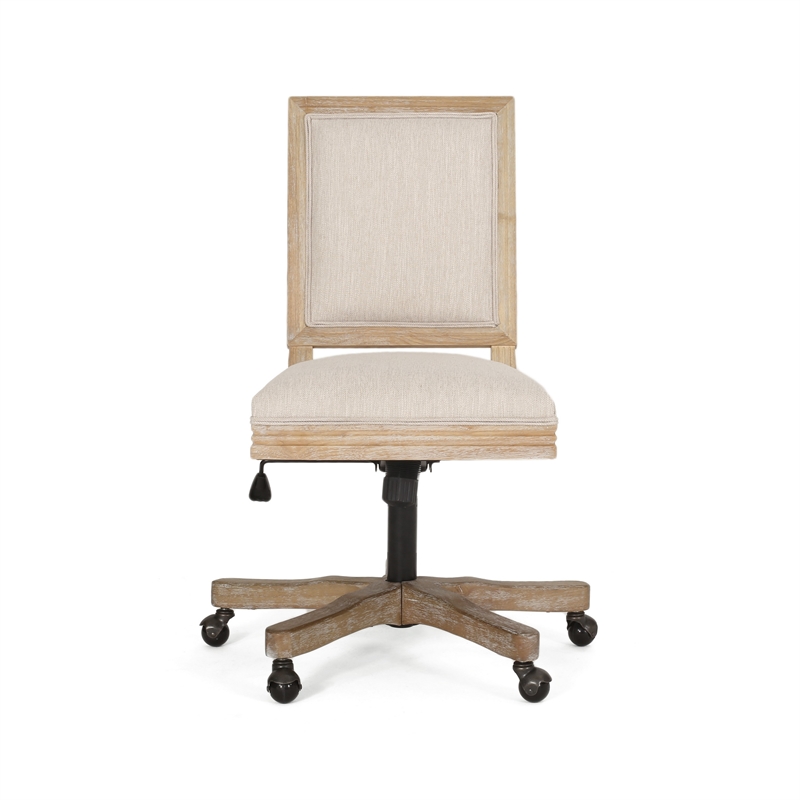 Pemberly Row Swivel Rolling Office Chair in Beige Fabric with Brown Wood Frame