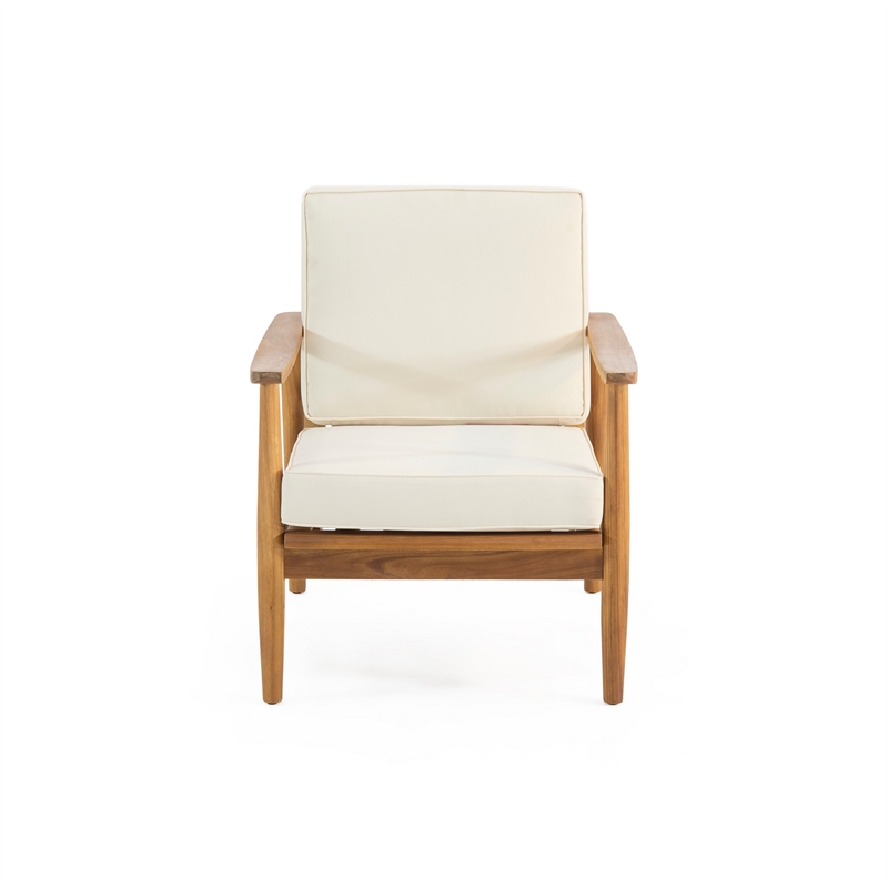 Pemberly Row Indoor/Outdoor Club Chair in Ivory Fabric with Brown Acacia Wood