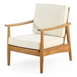 Pemberly Row Indoor/Outdoor Club Chair in Ivory Fabric with Brown Acacia Wood