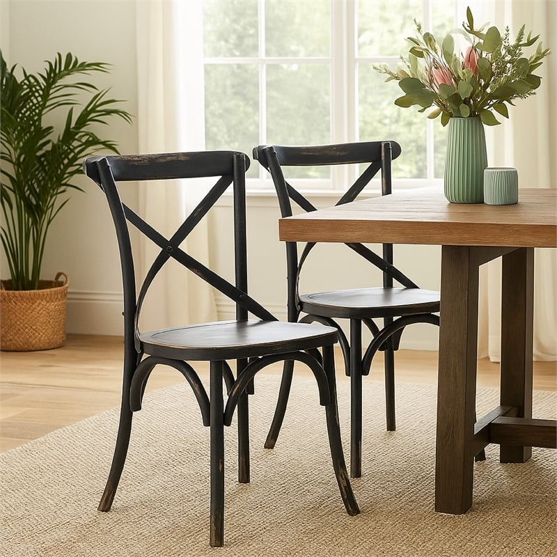 Pemberly Row Dining Side Chair 2Pc with X Shaped Backrest in Black Pine