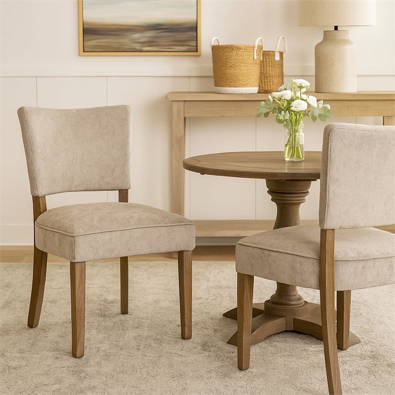 Pemberly Row Dining Side Chair 2Pc in Taupe Fabric with Graywash Oak Wood Frame