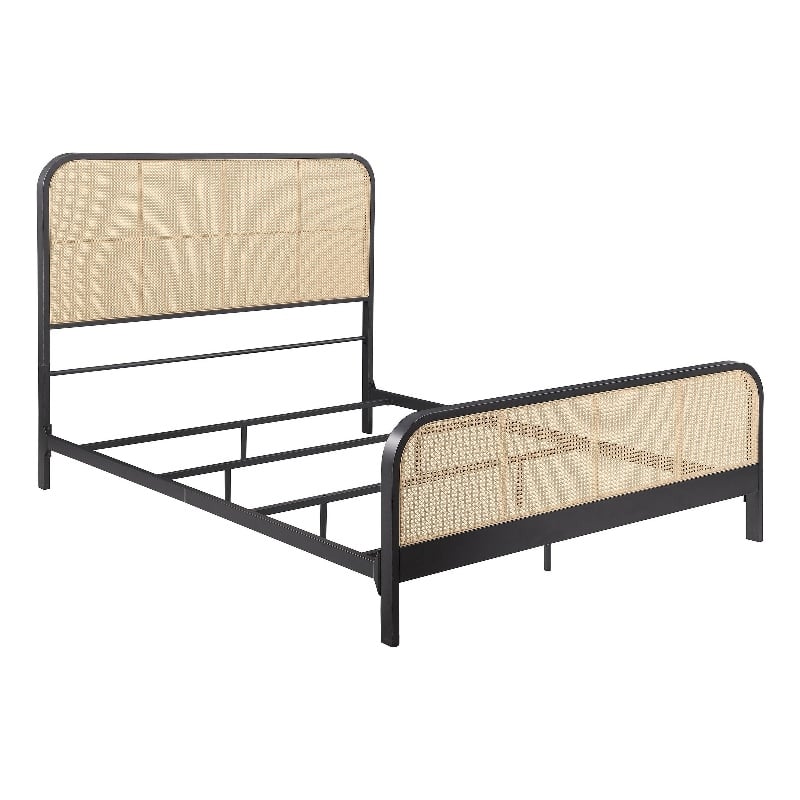 Pemberly Row Queen Bed with Open Cane Webbing Headboard in Rattan & Metal