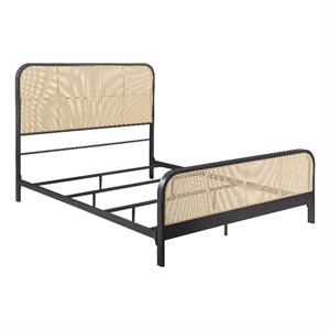 Pemberly Row Queen Bed with Open Cane Webbing Headboard in Rattan & Metal