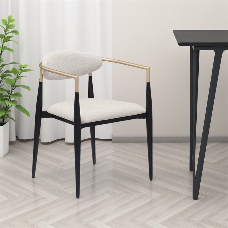 Pemberly Row Dining Armchair 2Pc in Beige Fabric with Black Metal & Gold Accents
