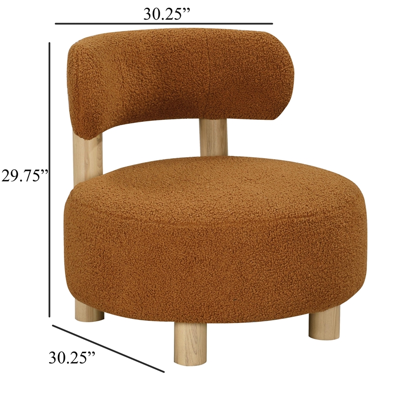 Pemberly Row Barrel Back Chair in Orange Boucle Fabric with Brown Oak Wood Frame