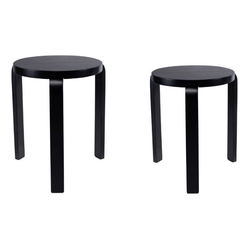 Pemberly Row Stacking Stool Ottoman Set of 2 in Black Rubberwood with Round Tops