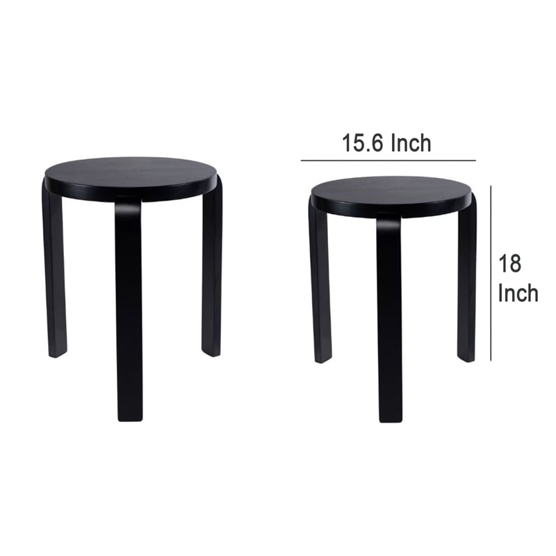 Pemberly Row Stacking Stool Ottoman Set of 2 in Black Rubberwood with Round Tops