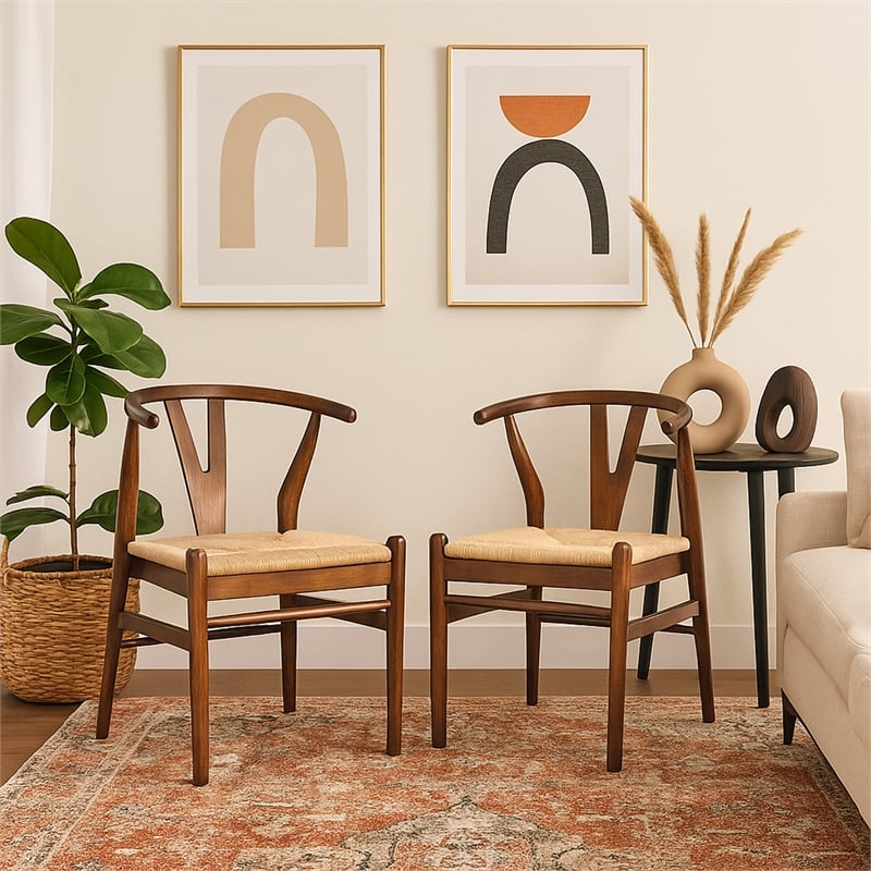 Pemberly Row Wishbone Dining Chair 2Pc w/ Handwoven Rope - Cappuccino Brown Wood