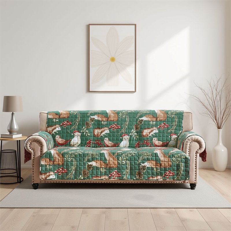 Pemberly Row Reversible Sofa Slipcover in Green and Red Festive Theme Polyester
