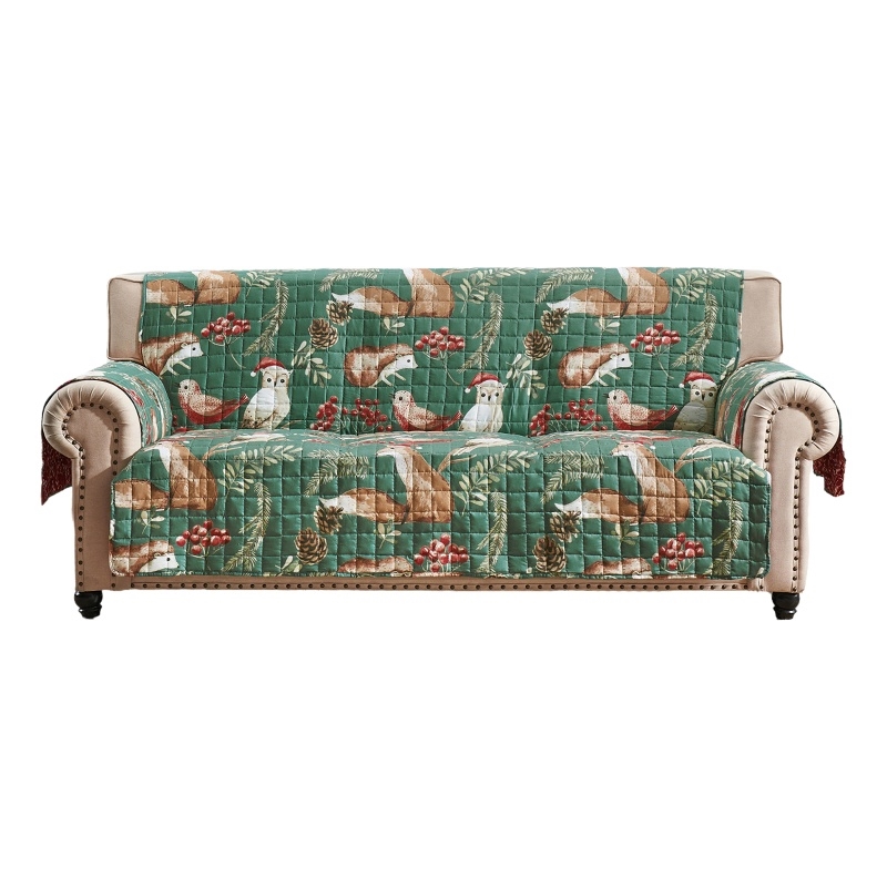 Pemberly Row Reversible Sofa Slipcover in Green and Red Festive Theme Polyester