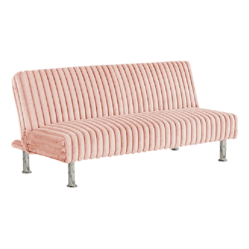 Pemberly Row Fold Out Futon Sofa Bed in Light Pink Fabric with Chrome Metal Legs