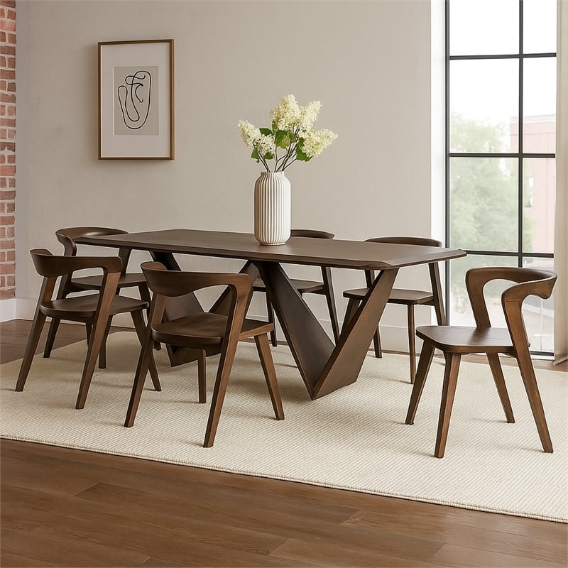 Pemberly Row 7 Pc Extendable Dining Table Set with 6 Chairs in Brown Rubberwood
