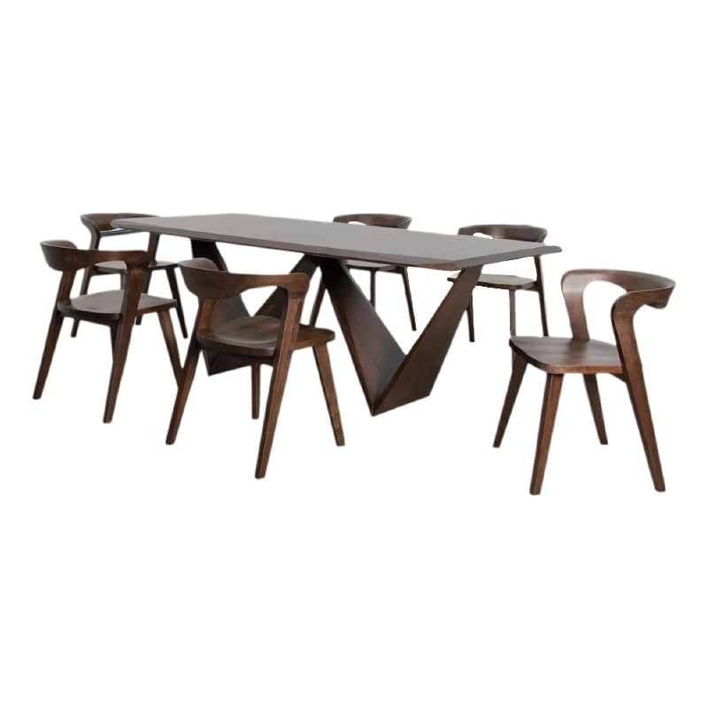 Pemberly Row 7 Pc Extendable Dining Table Set with 6 Chairs in Brown Rubberwood