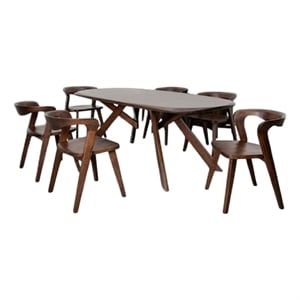 Pemberly Row 7 Pc Dining Table Set with 6 Side Chairs in Brown Solid Rubberwood