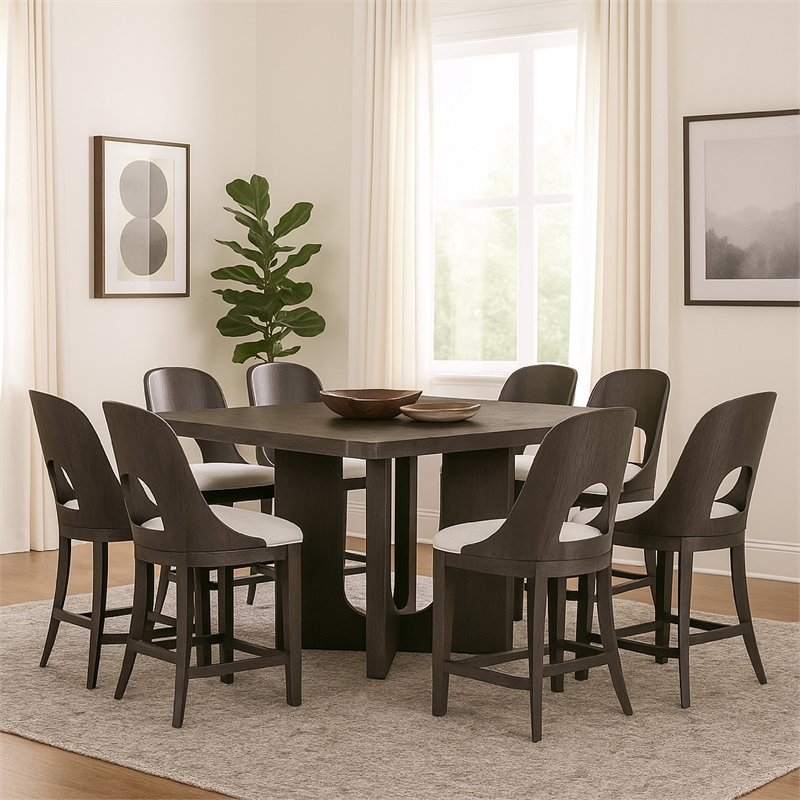 Pemberly Row 7Pc Counter Height Dining Table Set in Ash Gray Wood w/ White Seats