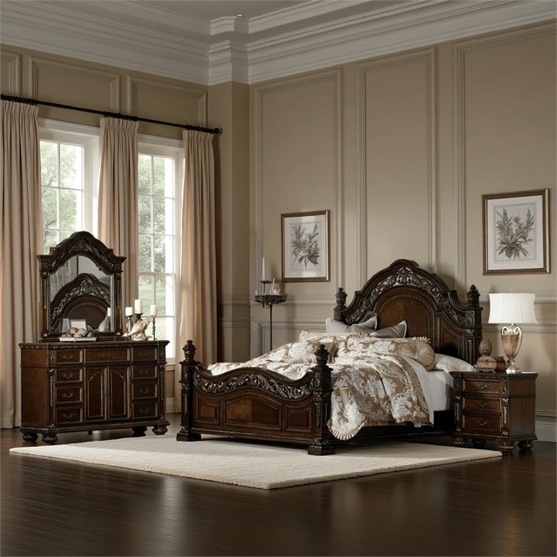 Pemberly Row 4 Piece California King Bedroom Set in Cherry Brown Wood Veneer