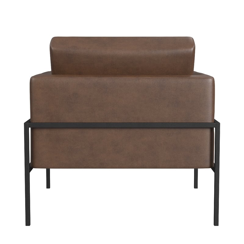 Pemberly Row Accent Armchair in Brown Faux Leather with Matte Black Metal Legs