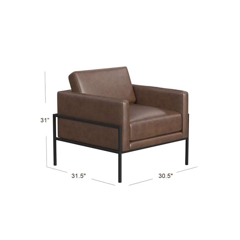 Pemberly Row Accent Armchair in Brown Faux Leather with Matte Black Metal Legs