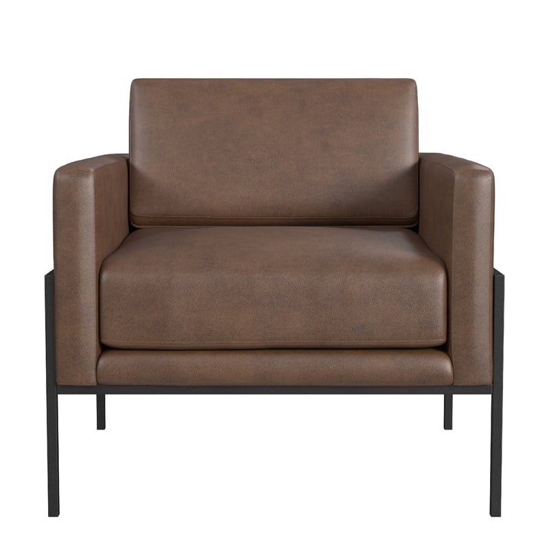 Pemberly Row Accent Armchair in Brown Faux Leather with Matte Black Metal Legs
